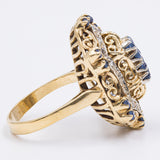 Anello vintage in oro giallo 18K con zaffiri e diamanti taglio rosetta, anni '60