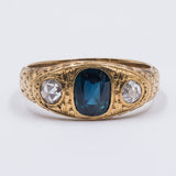 Anello da uomo antico in oro 18k con zaffiro centrale e diamanti laterali, primi del '900