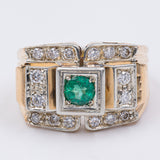 Anello vintage in oro giallo 18k con tormalina verde e diamanti (0.80ct), anni '50