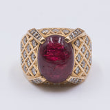 Anello da uomo vintage in oro 18K con rubino cabochon e diamanti, anni '60