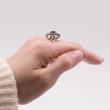 Bague vintage en or 14 carats et argent avec saphir et rosettes, style début des années 1900