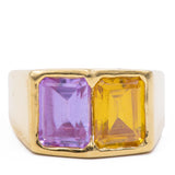 Anello vintage in oro giallo 18K con tormalina gialla e viola, anni '60