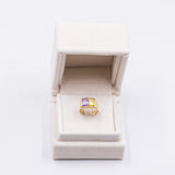Anello vintage in oro giallo 18K con tormalina gialla e viola, anni '60
