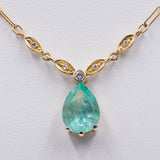 Collier vintage in oro giallo 18k con goccia di smeraldo e diamanti , anni '80