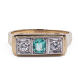 Anello vintage in oro 14k con smeraldo sintetico e diamanti (0.18ct), anni '80