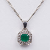Collier vintage in oro bianco 18k con smeraldo e diamanti, anni '70/'80