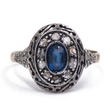 Bague ancienne en or 18 carats et argent avec rosaces en saphir et diamants, début des années 1900