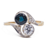 Bague Liberty contrarier en or 18 carats avec diamant (0,70 ct) et saphir, années 1920/1930