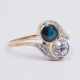 Bague Liberty contrarier en or 18 carats avec diamant (0,70 ct) et saphir, années 1920/1930