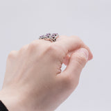 Anello vintage in oro bianco 14k con diamanti e zaffiri rosa, anni 80