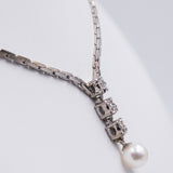 Collier vintage in oro bianco 14kt con 3 diamanti (0.15ct) e perla , anni 80