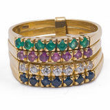 Anello "Harem" vintage in oro giallo 18K con diamanti, rubini, zaffiri e smeraldi, anni '70