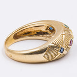 Anello vintage in oro giallo 18K con rubini, zaffiri e smeraldi, anni '70