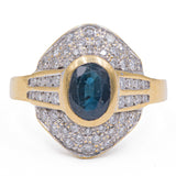 Anello vintage in oro giallo 18k con zaffiro e diamanti (0.50ct), anni '60/'70