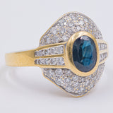 Anello vintage in oro giallo 18k con zaffiro e diamanti (0.50ct), anni '60/'70