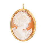 Spilla/ciondolo vintage con cammeo su conchiglia e montatura in oro giallo 18K, anni '50