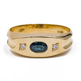 Anello vintage in oro giallo 18k con zaffiro e 2 diamanti, anni '50
