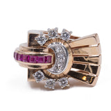 Anello in oro 18K con diamanti (0.75ctw ca.) e rubini carrè, anni '40