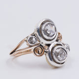 Anello toi et moi antico in oro 18k e argento con diamanti taglio rosetta, anni '20