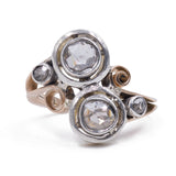 Anello toi et moi antico in oro 18k e argento con diamanti taglio rosetta, anni '20