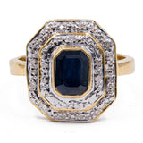 Anello vintage in oro giallo 18k con zaffiro e diamanti, anni '70
