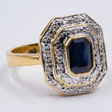 Anello vintage in oro giallo 18k con zaffiro e diamanti, anni '70