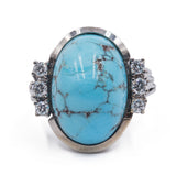 Anello vintage in oro bianco 14k con turchese con diamanti ( 0.32ct) , anni '70/'80