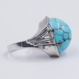 Anello vintage in oro bianco 14k con turchese con diamanti ( 0.32ct) , anni '70/'80