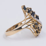 Anello vintage in oro giallo 14k con zaffiri e diamanti, anni '70