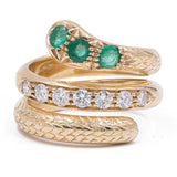 Anello vintage in oro giallo 18k a serpente con smeraldi e diamanti (0.60ctw), anni '60