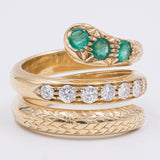 Anello vintage in oro giallo 18k a serpente con smeraldi e diamanti (0.60ctw), anni '60