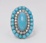 Anello in oro bianco 18k con turchesi e diamanti, anni 60