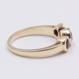 Anello vintage in oro 14K con diamante centrale, zaffiro e rubino, anni '60/'70