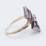 Anello Art Decò in oro 14k e argento con diamanti e rubini , anni 30
