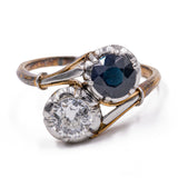 Anello contrarier antico in oro e platino con diamante (0.65ct) e zaffiro (1.30ct), anni '20