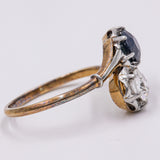 Anello contrarier antico in oro e platino con diamante (0.65ct) e zaffiro (1.30ct), anni '20