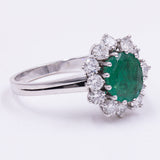 Bague marguerite en or 18 ct avec émeraude (2,20 ct) et diamants (1 ct), années 1960
