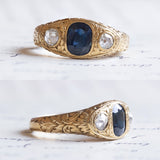 Anello da uomo antico in oro 18K con zaffiro e diamanti, primi del '900