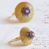 Anello vintage in oro 18K con diamante e rubini, anni '40/'50