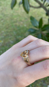Anello vintage in oro 14K con cuore di quarzo e diamanti, anni '70