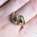 Anello vintage in oro 14K con pietre verdi e diamanti, anni '60/'70