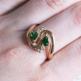 Anello vintage in oro 14K con pietre verdi e diamanti, anni '60/'70