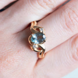 Anello vintage in oro 14K con acquamarina e diamanti, anni '50/'60