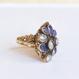 Bague ancienne en or 18 carats avec diamants taillés en rosette et saphirs, années 1930