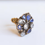 Bague ancienne en or 18 carats avec diamants taillés en rosette et saphirs, années 1930