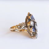 Bague ancienne en or 18 carats avec diamants taillés en rosette et saphirs, années 1930