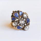 Bague ancienne en or 18 carats avec diamants taillés en rosette et saphirs, années 1930