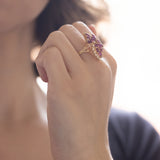 Anello vintage in oro 14K con rubini e diamanti (0.32ctw ca.), anni '70