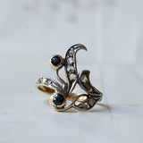 Anello vintage in oro 18K, diamanti e zaffiri, anni '50