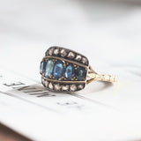 Anello vintage in oro 18K con diamanti e zaffiri, anni '40/'50